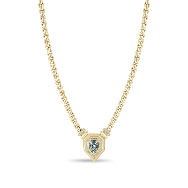 One of a Kind Zoë Chicco 14k Gold Shield Blue Sapphire Pavé Diamond Bezel Box Chain Necklace