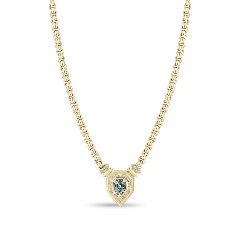 One of a Kind Zoë Chicco 14k Gold Shield Blue Sapphire Pavé Diamond Bezel Box Chain Necklace