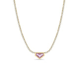 Zoe Chicco 14K Gold necklace with a pink sapphire triangular shield pendant and a chain of diamonds on a white background