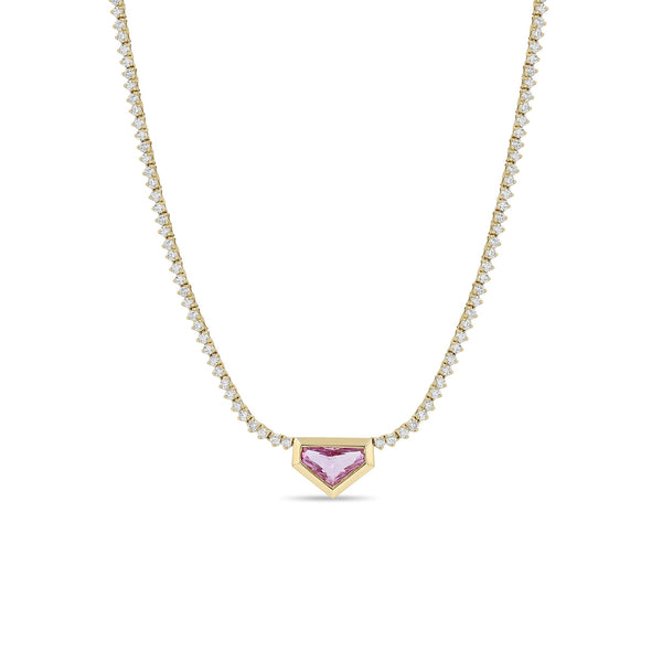 Zoe Chicco 14K Gold necklace with a pink sapphire triangular shield pendant and a chain of diamonds on a white background