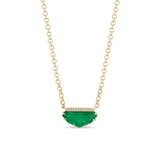 Zoe Chicco 14k gold chain necklace with a large portrait cut emerald gemstone pendant on a white background