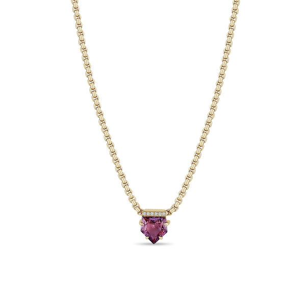 Zoe Chicco 14K gold chain necklace with a pink sapphire pendant with a row of diamonds on top on a white background