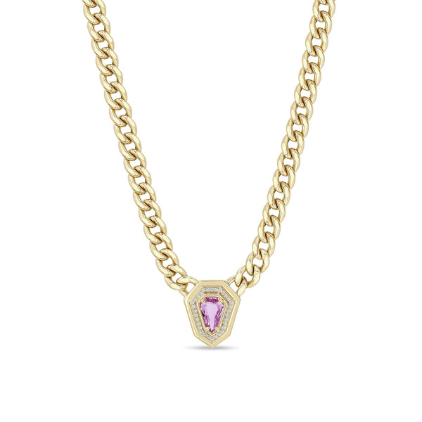 Zoe Chicco 14K Gold chain necklace with a pink sapphire gemstone pendant with diamonds on a white background