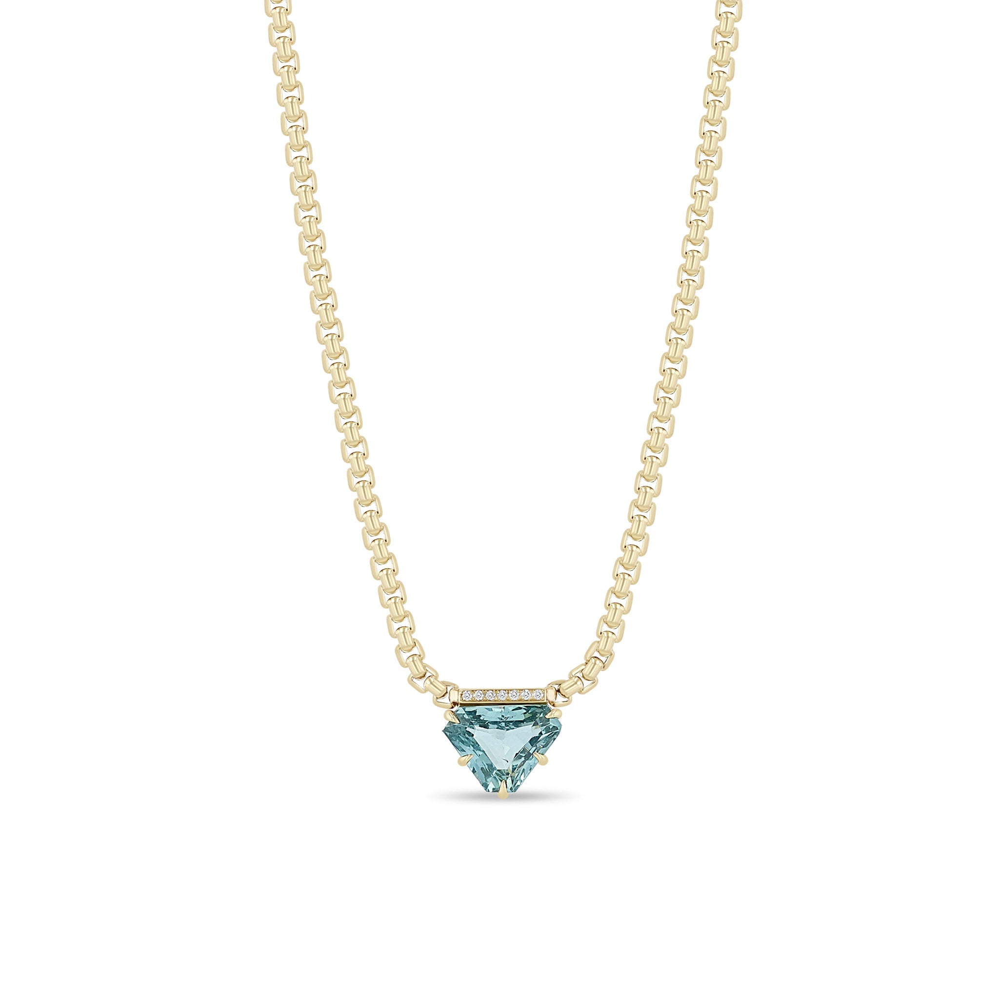 Zoe Chicco 14K Gold chain necklace with a triangular shaped light blue sapphire gemstone with diamonds on a white background