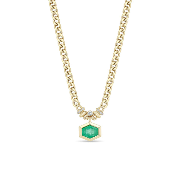 Zoe Chicco 14K gold chain necklace with a large hexagon cut emerald pendant on a white background