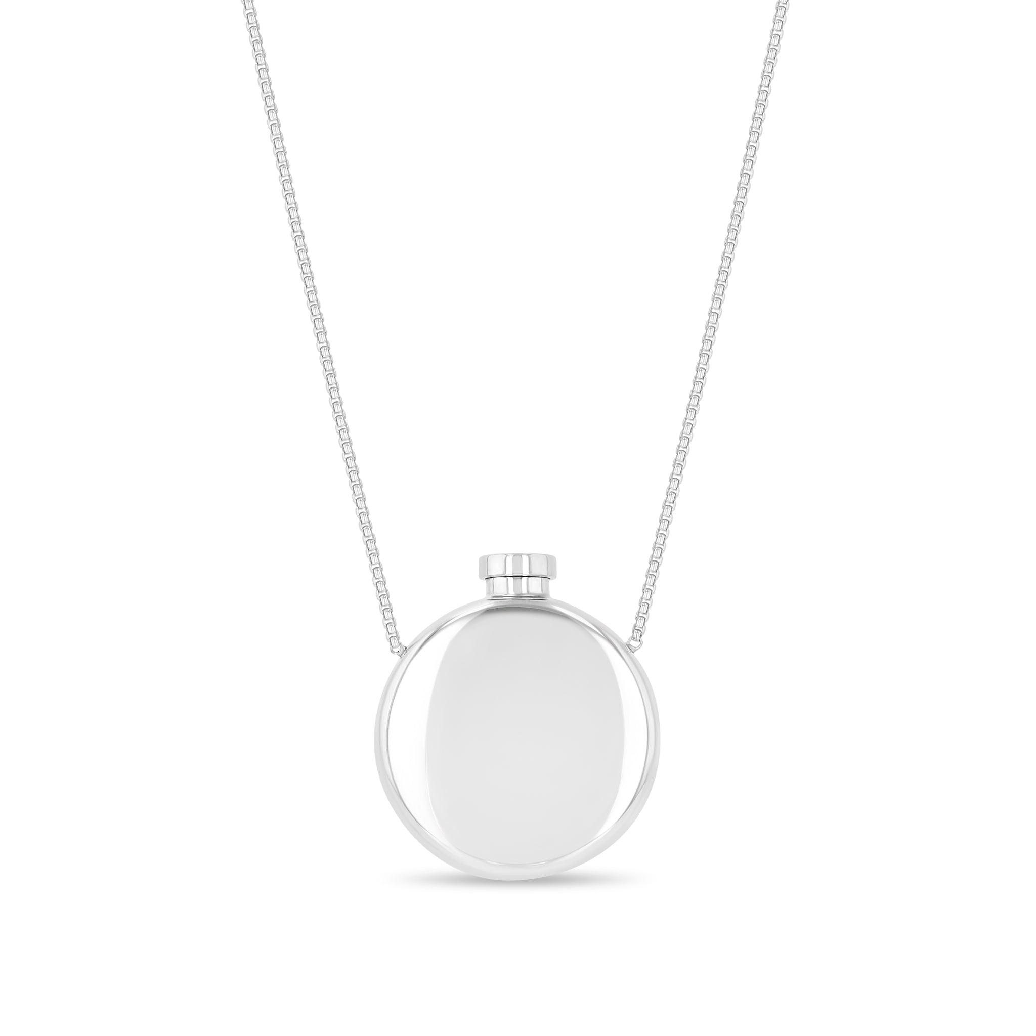 Zoe Chicco sterling silver upcycled vintage Tiffany & Co round perfume bottle necklace on a white background