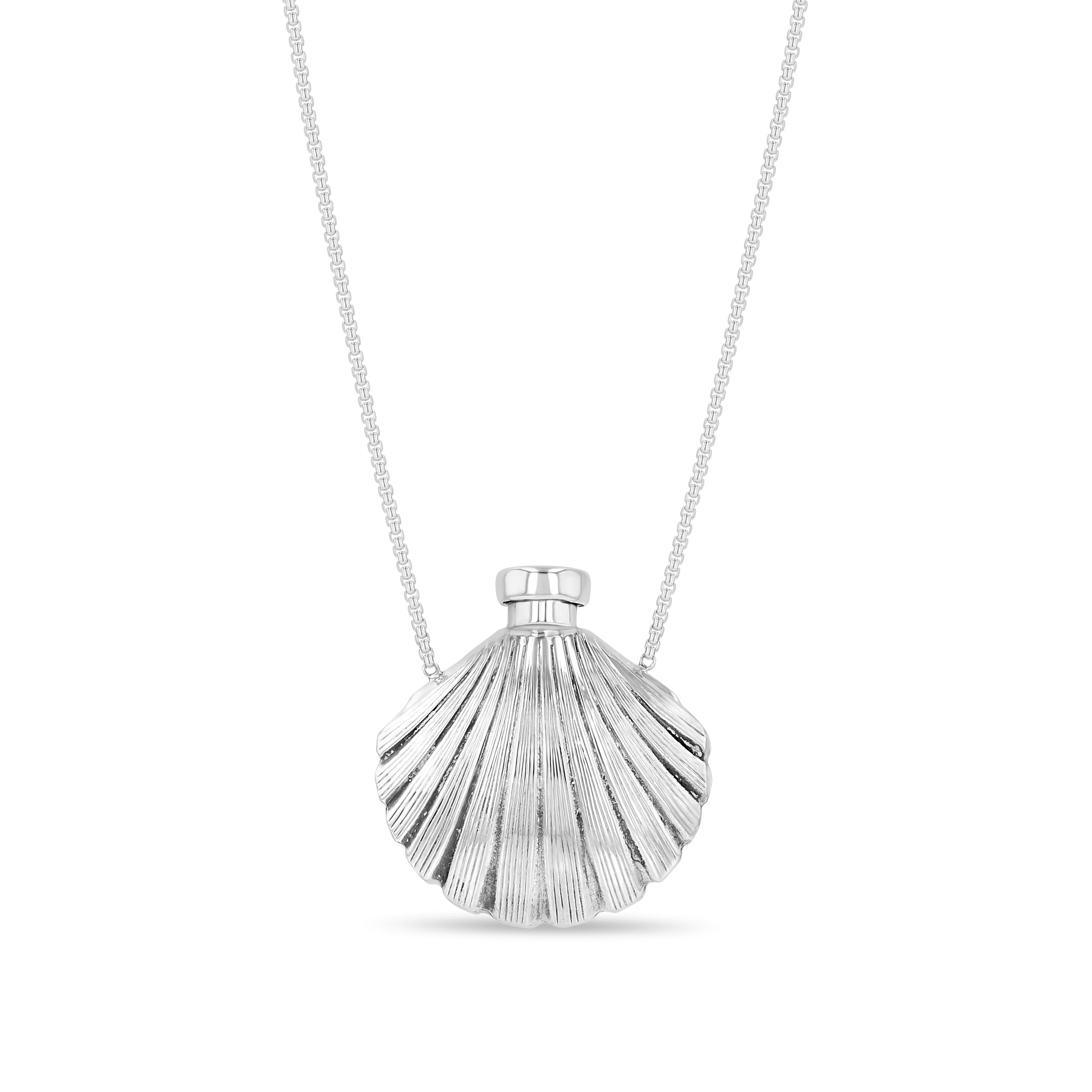 Zoe Chicco sterling silver repurposed vintage Tiffany & Co shell-shaped perfume bottle chain necklace on a white background