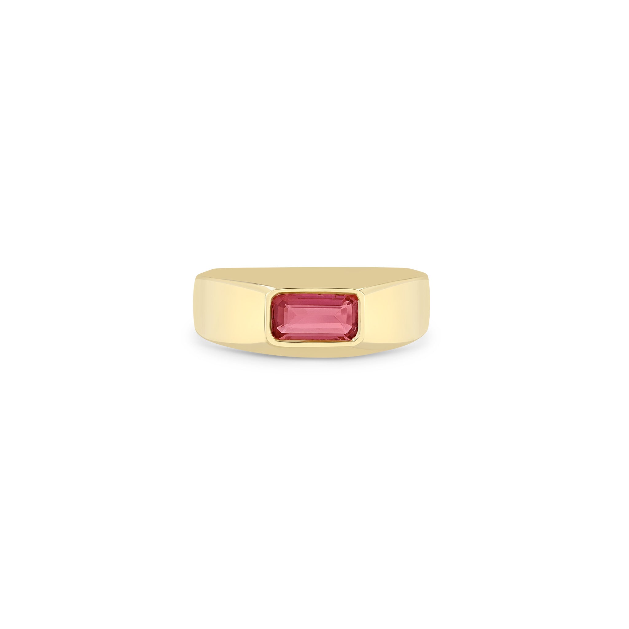Zoe Chicco 14K Gold and pink rectangular tourmaline gemstone ring on a white background