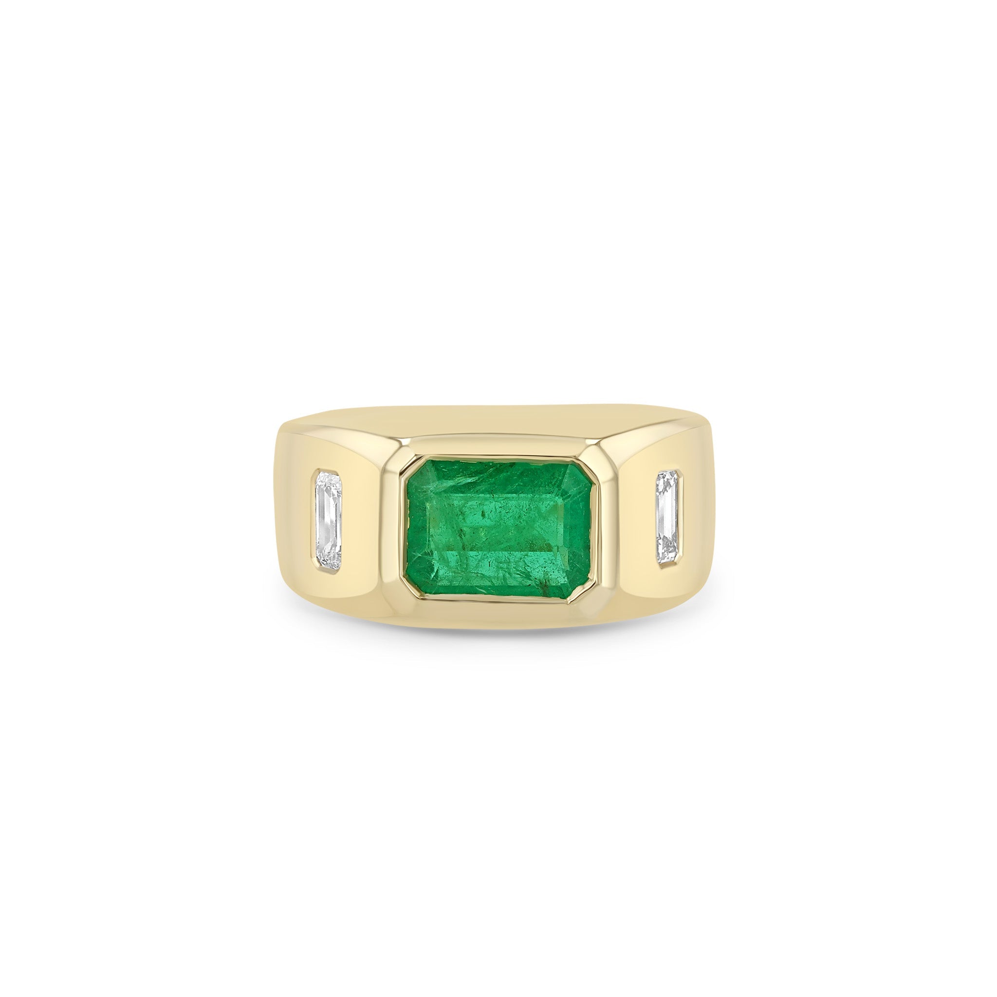 Zoe Chicco 14K gold signet ring with an emerald gemstone in the center and diamonds on the side on a white background