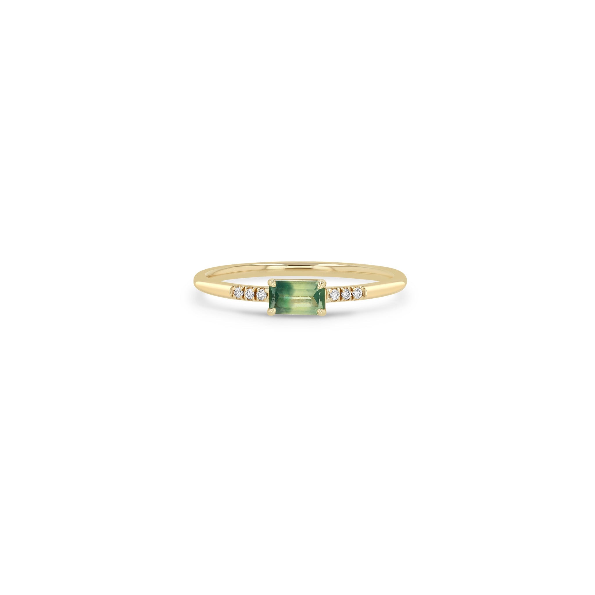 Zoe Chicco 14K Gold ring with a green sapphire gemstone and small diamonds on a white background