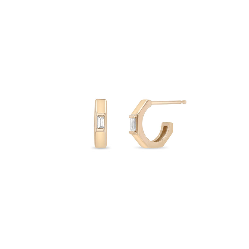 Zoe Chicco 14k rose gold small hexagon shaped hoop earrings with small baguette diamonds on a white background