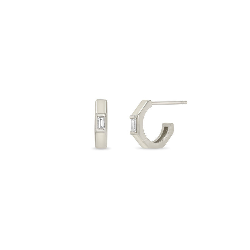 Zoe Chicco 14k white gold hexagon small hoop earrings with a baguette diamond on a white background