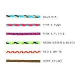 Zoë Chicco Paracord Color Chart with 6 Color Options - Red & White, Pink & Purple, Pink & Blue, Blue Mix, Green & Black, Dark Brown