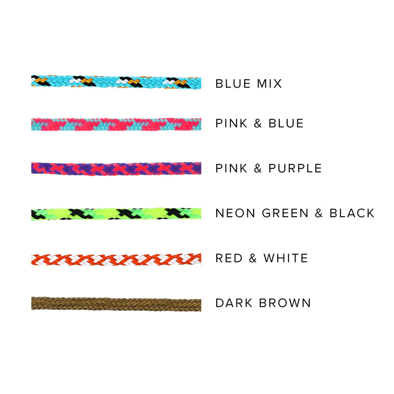 Zoë Chicco Paracord Color Chart with 6 Color Options - Red & White, Pink & Purple, Pink & Blue, Blue Mix, Green & Black, Dark Brown