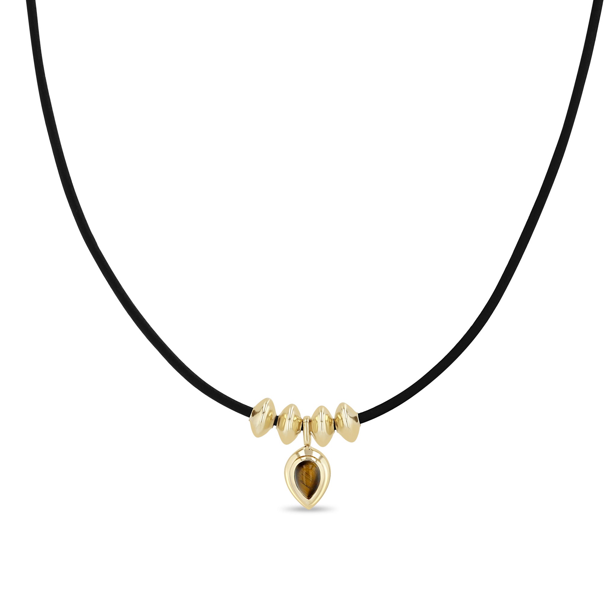 14k Pear Tiger Eye Pendant & Pointed Bead Leather Cord Necklace