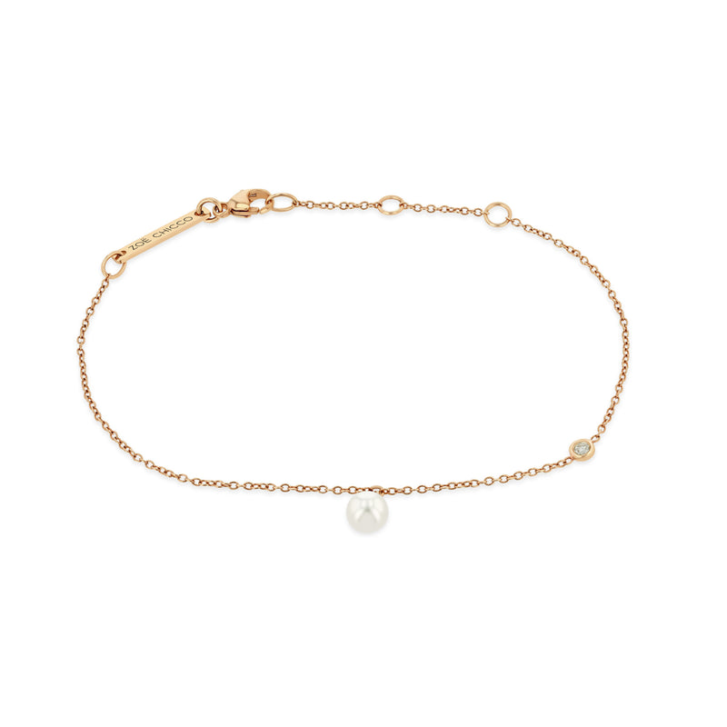 Zoë Chicco 14k Rose Gold Pearl Charm Bracelet with Floating Diamond