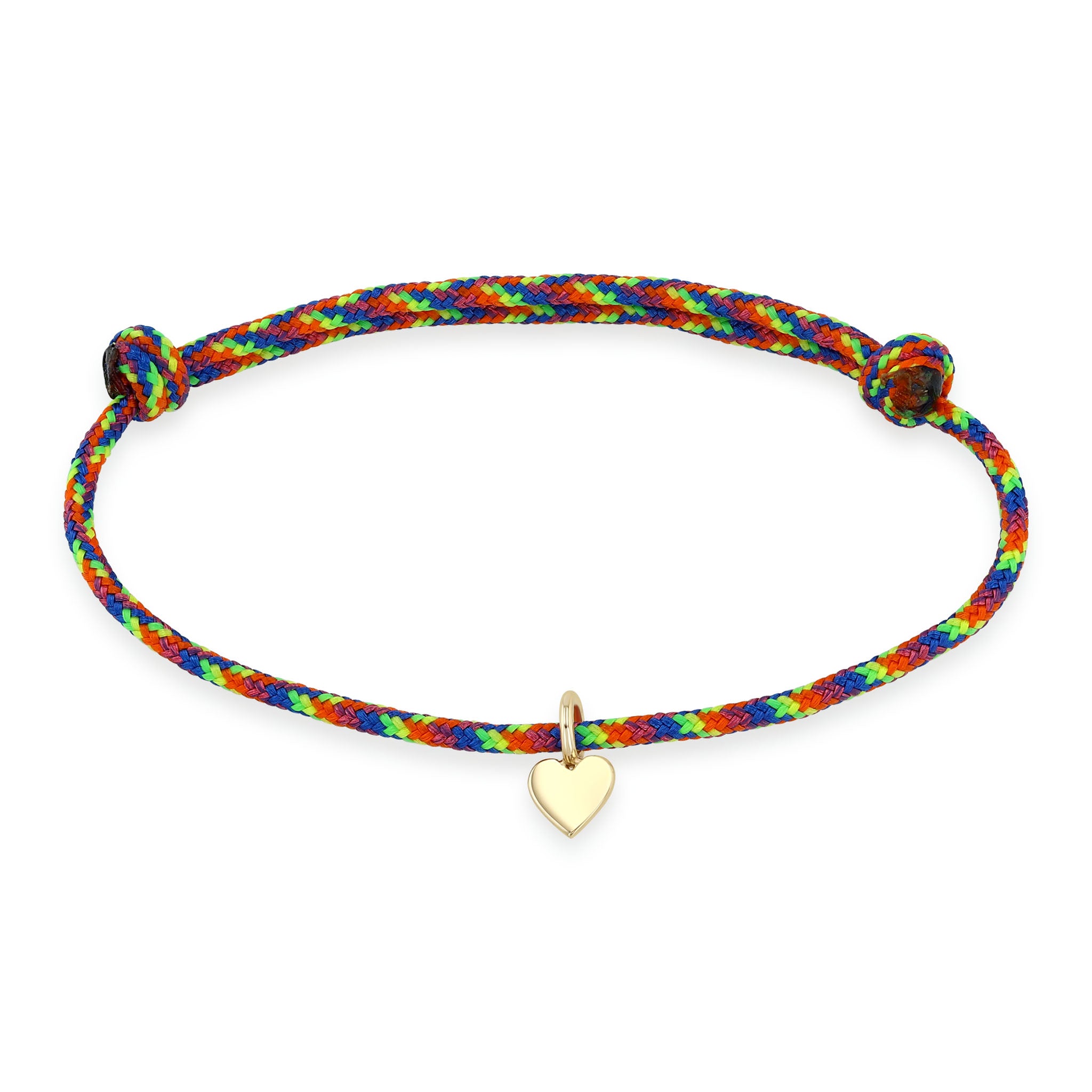 Zoe Chicco 14k gold midi bitty heart charm on a rainbow paracord bracelet on a white background