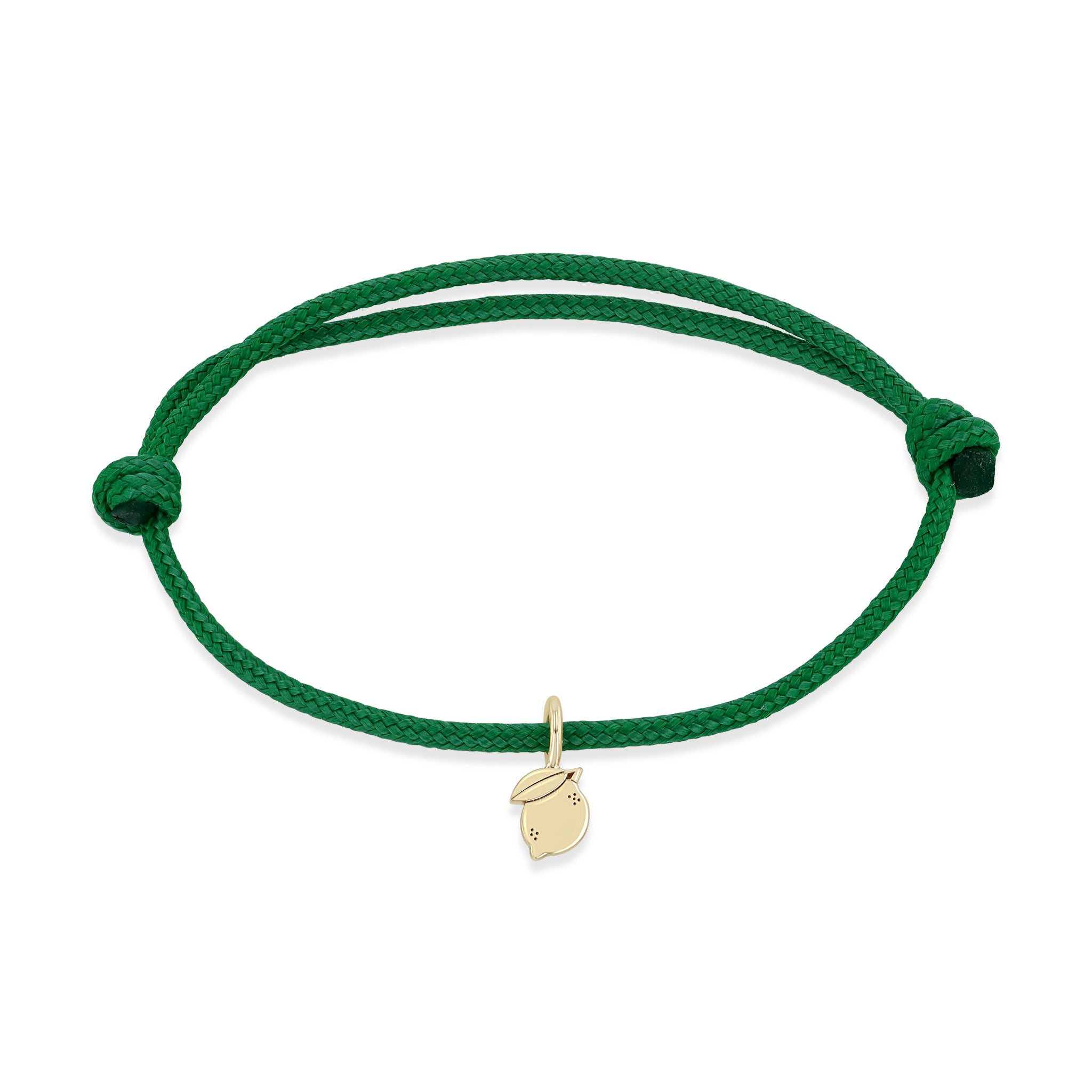 Zoe Chicco 14k gold midi bitty lemon charm on a green paracord bracelet on a white background