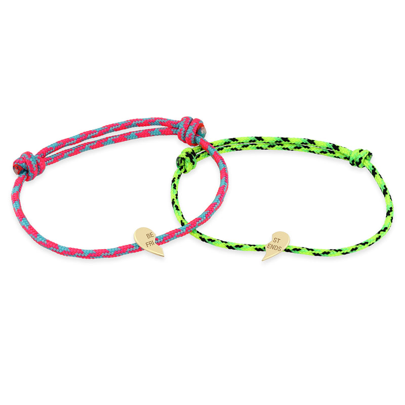 Set of Zoë Chicco 14k Gold Midi Bitty Best Friends Heart Paracord Bracelets in Pink Blue and in Neon Green Black