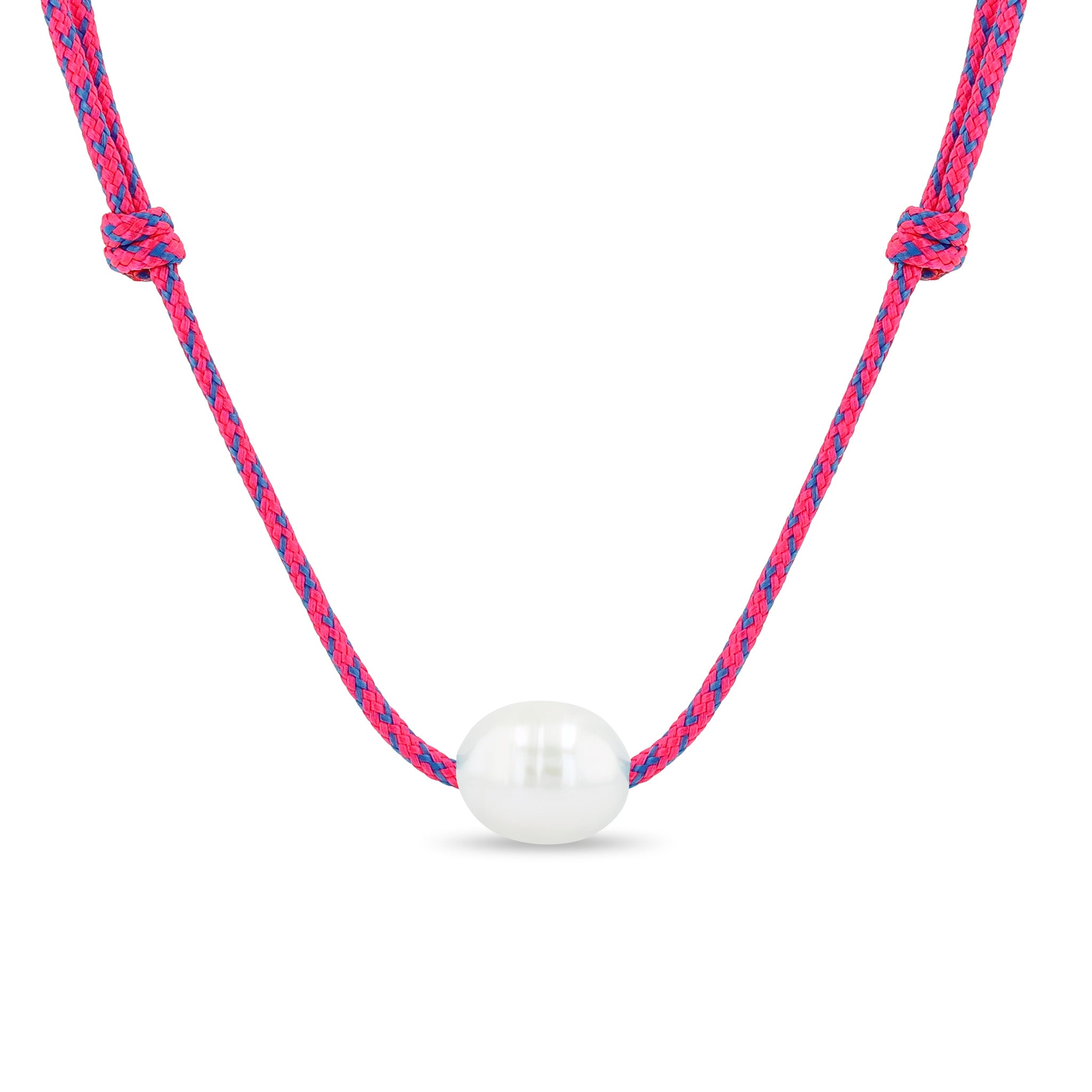 Zoe Chicco baroque pearl pink and blue paracord necklace on a white background
