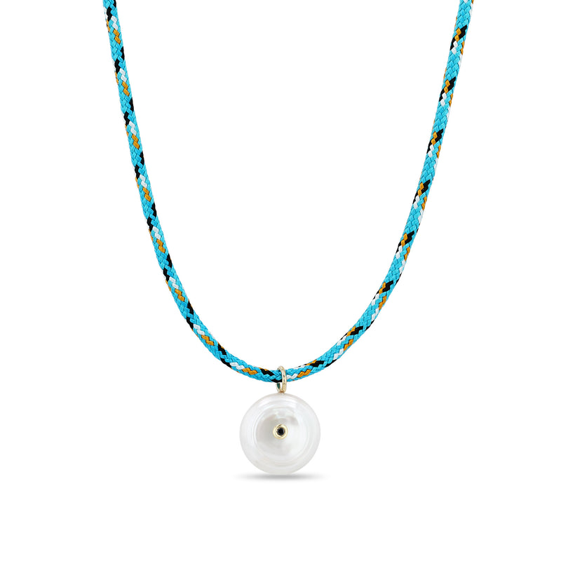 Zoë Chicco 14k Gold Reversible Black & White Diamond Pearl Disc Paracord Necklace in Blue Mix