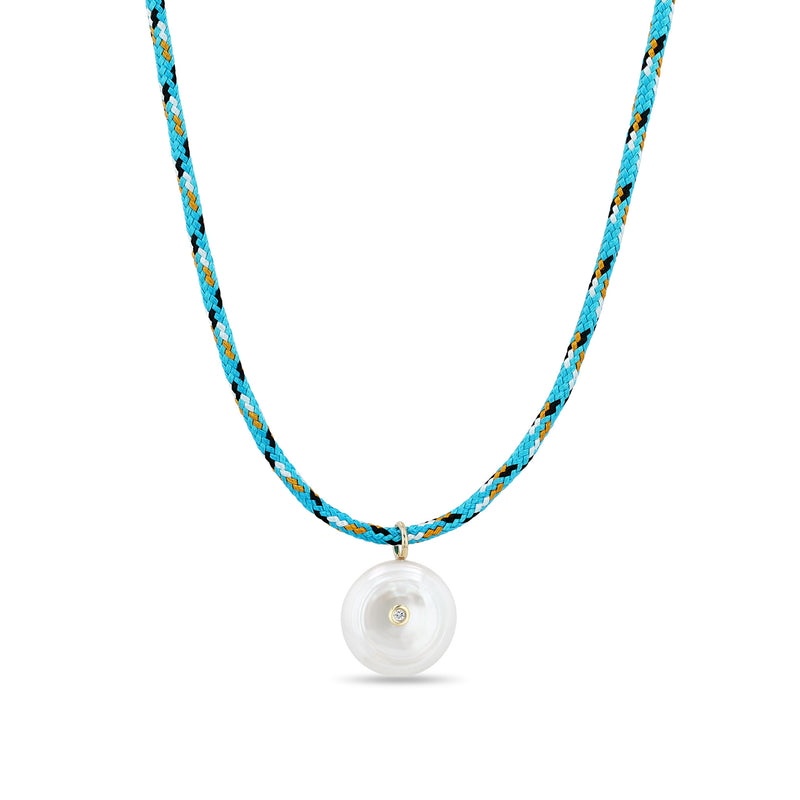 Zoë Chicco 14k Gold Reversible Black & White Diamond Pearl Disc Paracord Necklace in Blue Mix