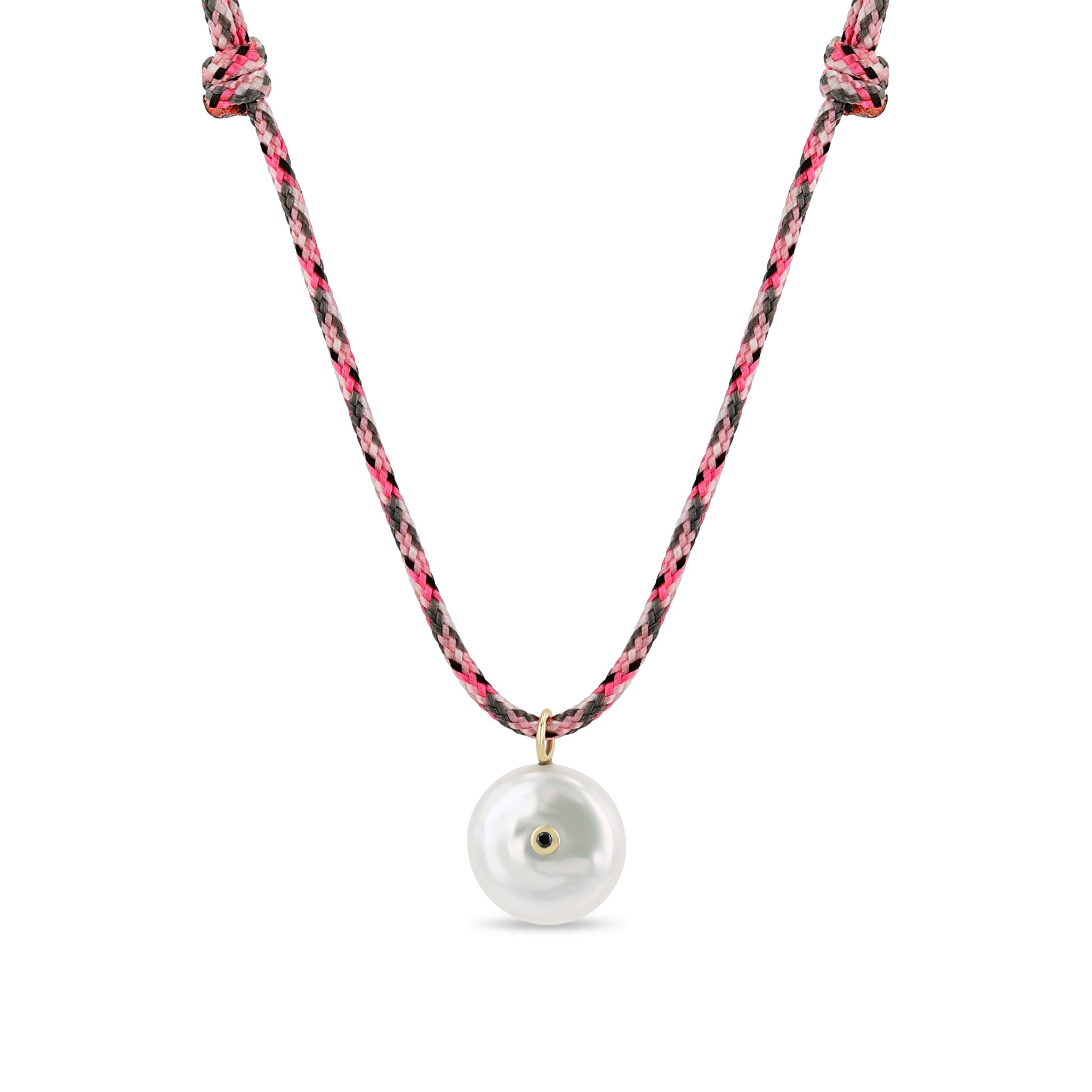 Zoe Chicco 14k gold freshwater pearl and black diamond pink mix paracord necklace on a white background