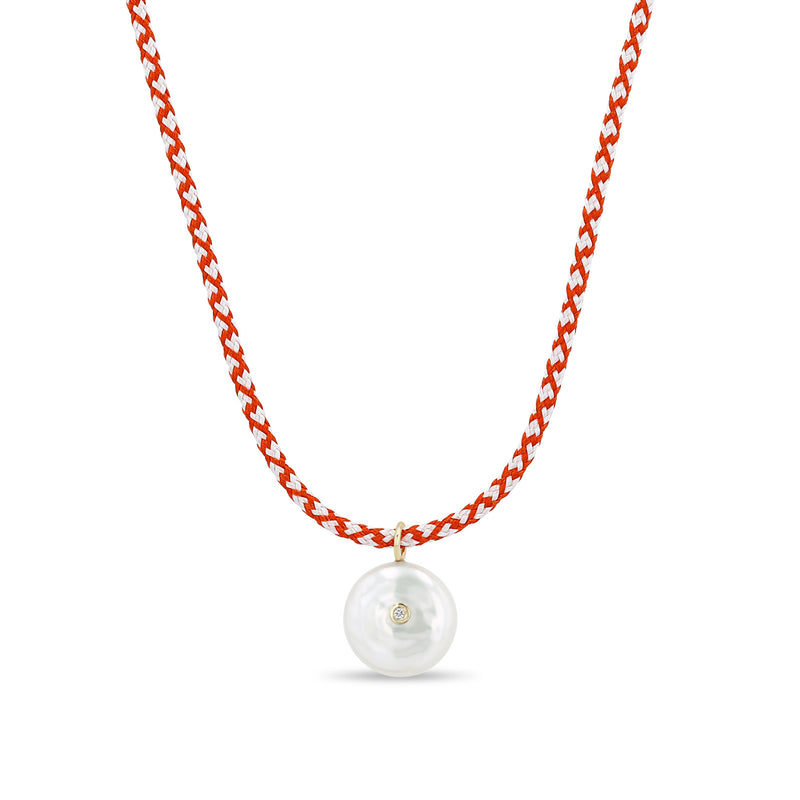 Zoë Chicco 14k Gold Reversible Black & White Diamond Pearl Disc Paracord Necklace in Red White