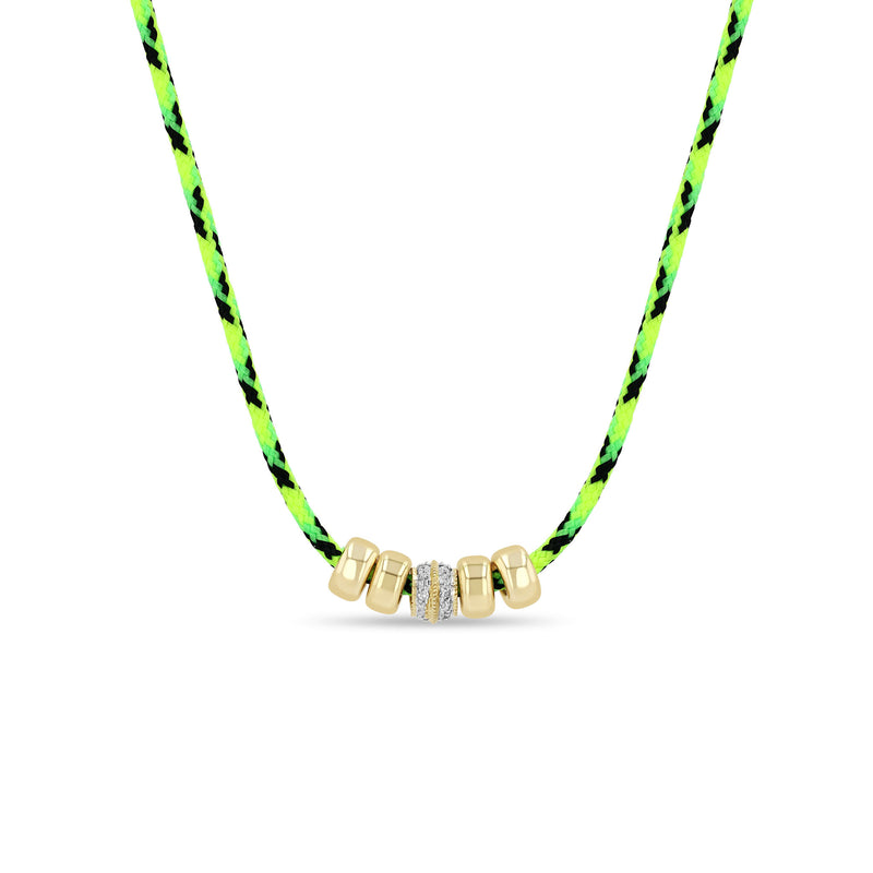 Zoë Chicco 14k 6mm Gold & 1 Double Row Diamond Rondelle Bead Paracord Necklace in Neon Green Black