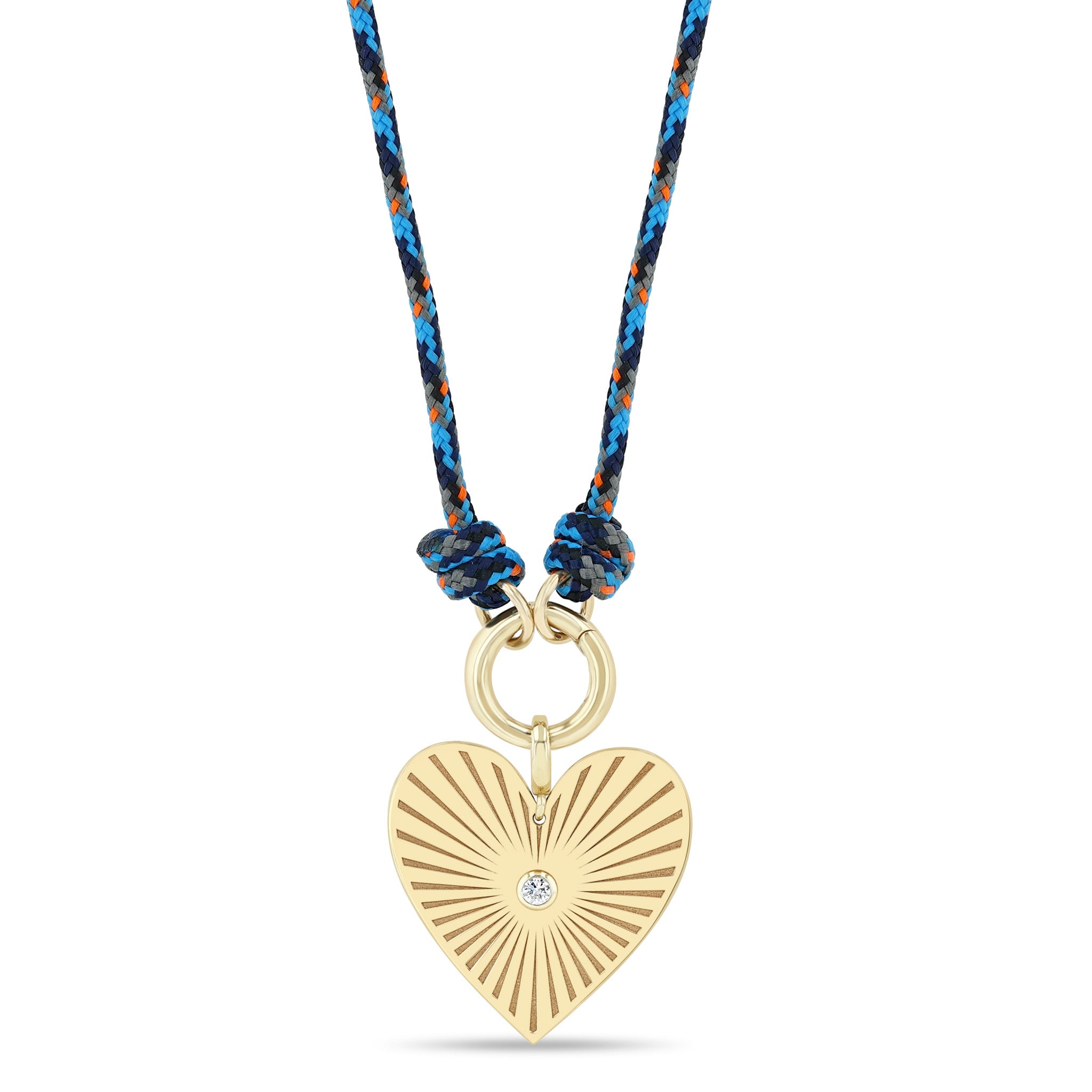Zoe Chicco 14k gold heart charm on a dark blue mix paracord necklace on a white background