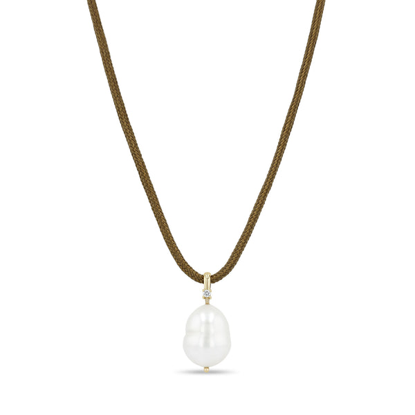 Zoë Chicco 14k Gold Baroque Pearl & Diamond Bail Pendant Paracord Necklace on Dark Brown