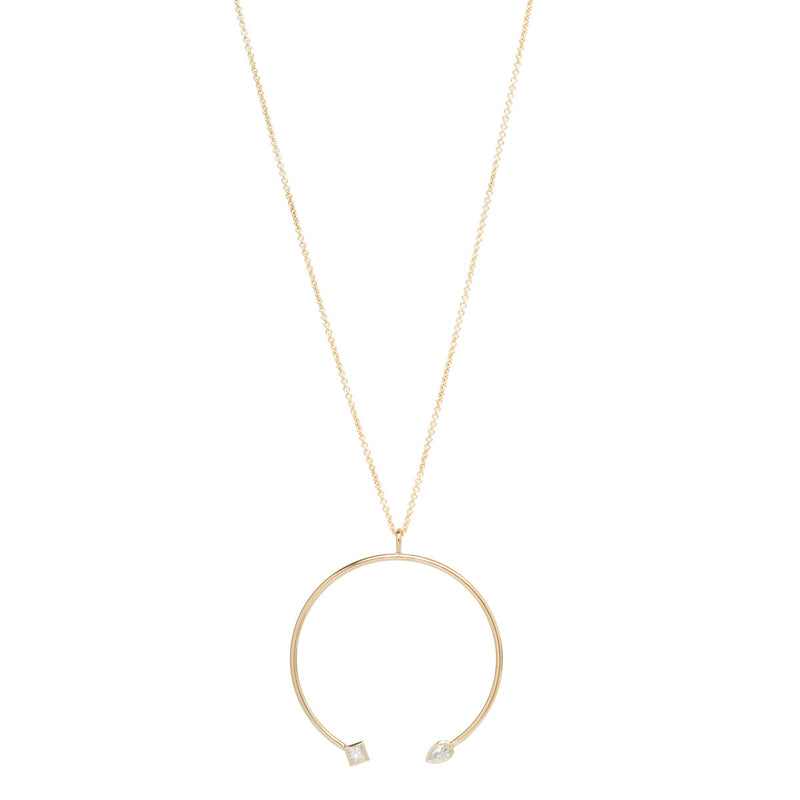 14k Large Open Circle Pendant Necklace with Pear & Princess Diamond - SALE