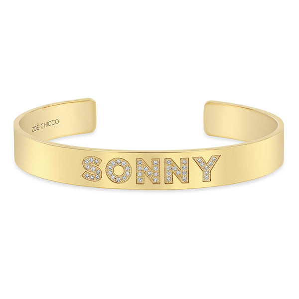 Zoë Chicco 14k Gold Personalized Diamond Letters Wide Cuff Bracelet customized with "SONNY"