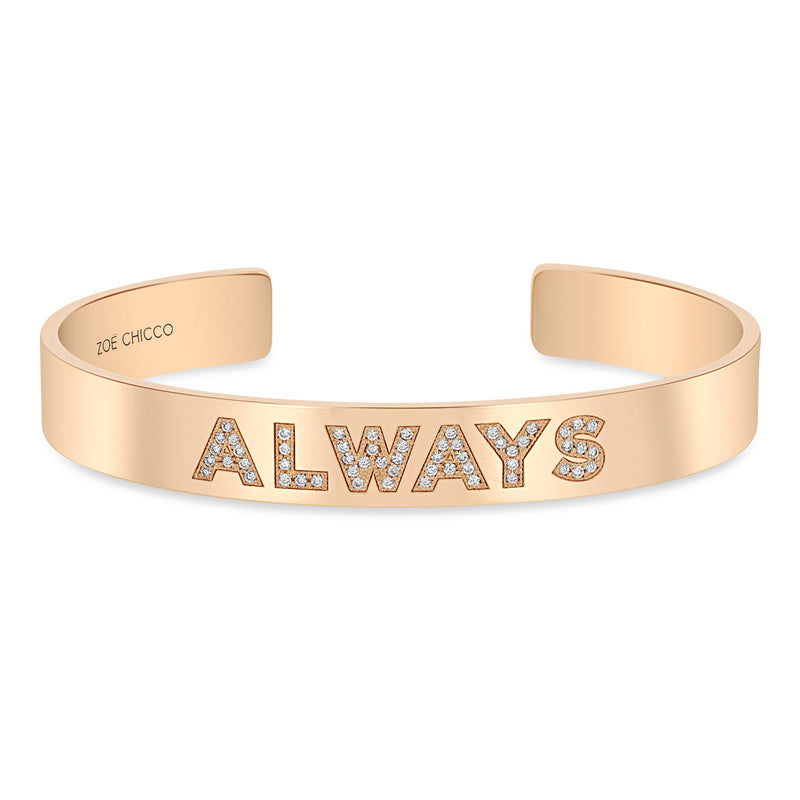 Zoë Chicco 14k Gold Personalized Diamond Letters Wide Cuff Bracelet customized with "ALWAYS"