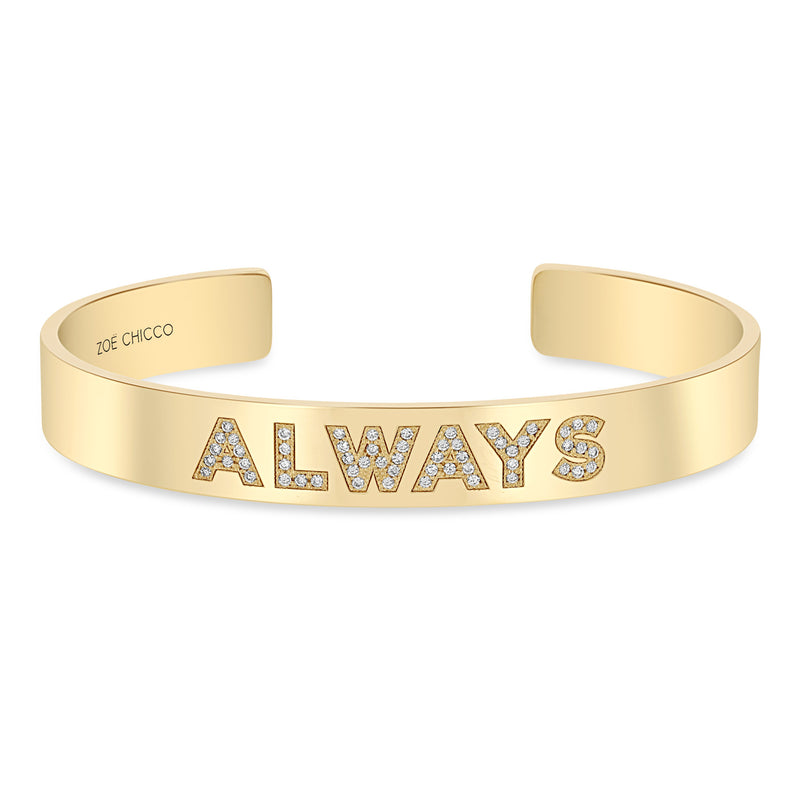 Zoë Chicco 14k Gold Personalized Diamond Letters Wide Cuff Bracelet customized with "ALWAYS"