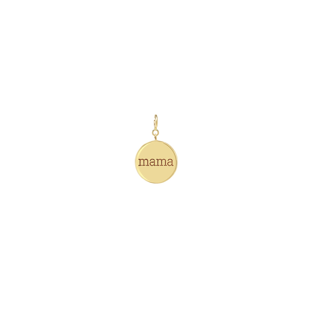 Zoe Chicco 14k gold circle pendant with 'mama' engraving on a white background