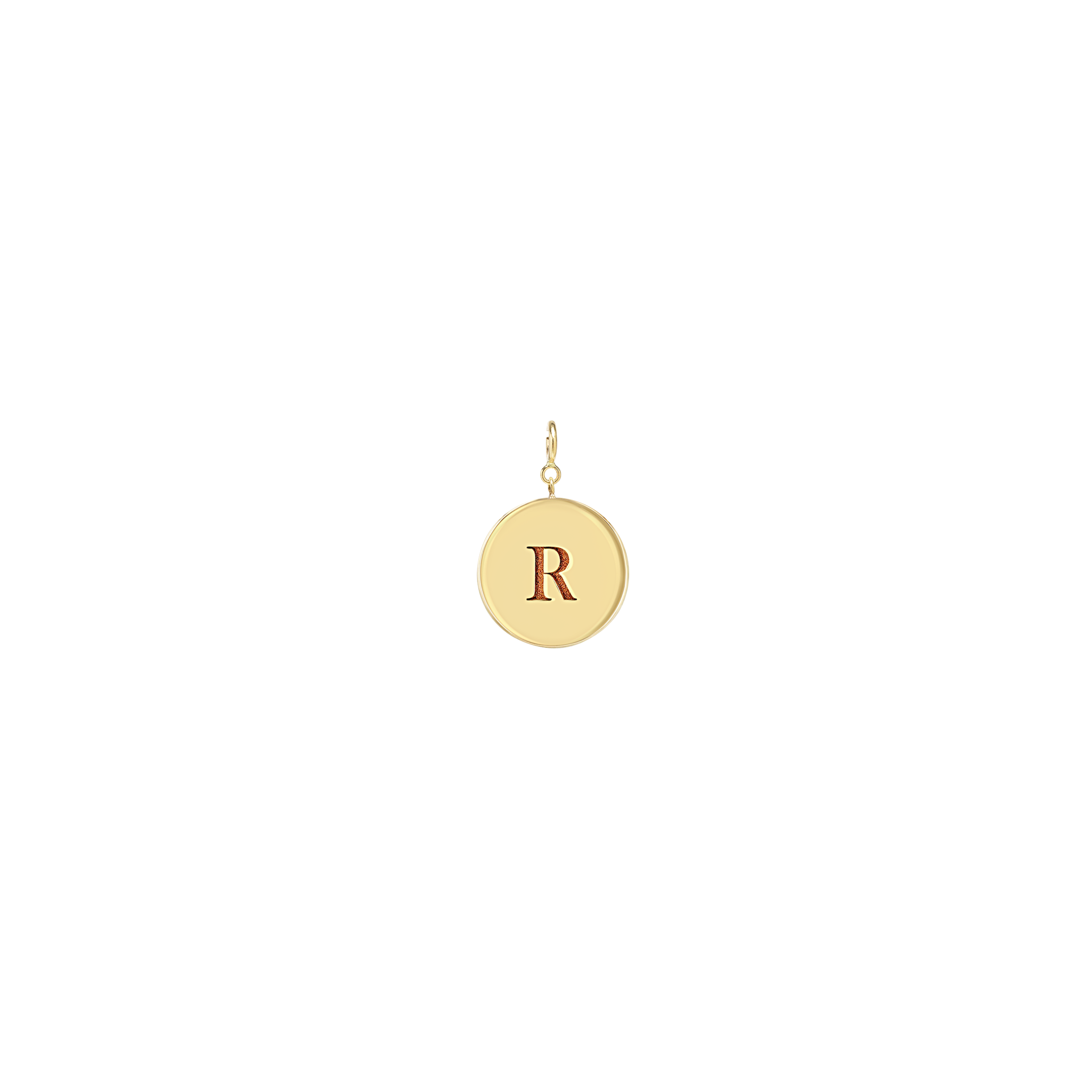 Zoe Chicco 14k gold circular shaped charm with the letter 'R' engraved in the center