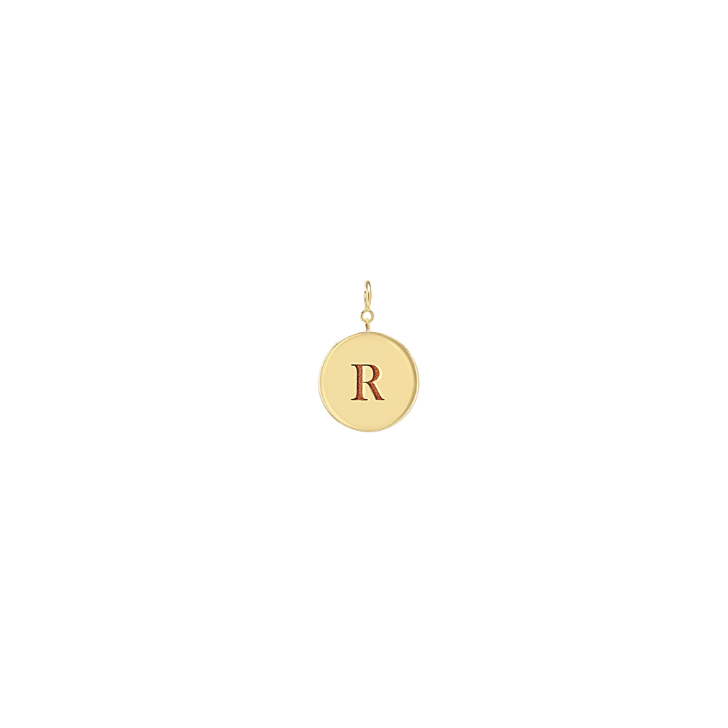 Zoe Chicco 14k gold circular shaped charm with the letter 'R' engraved in the center