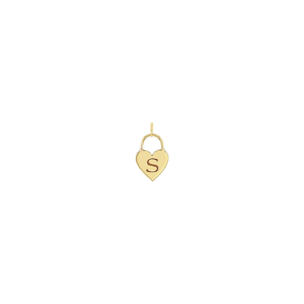 Zoe Chicco 14k gold heart-shaped charm pendant with a letter 'S' on a white background