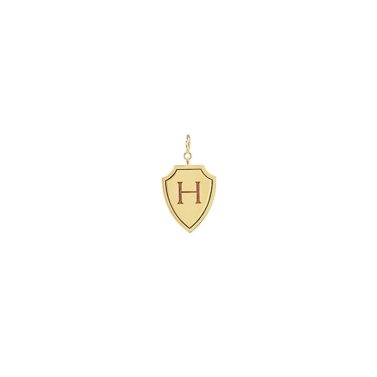 Zoe Chicco 14k gold charm shield pendant with a letter 'H' on a white background