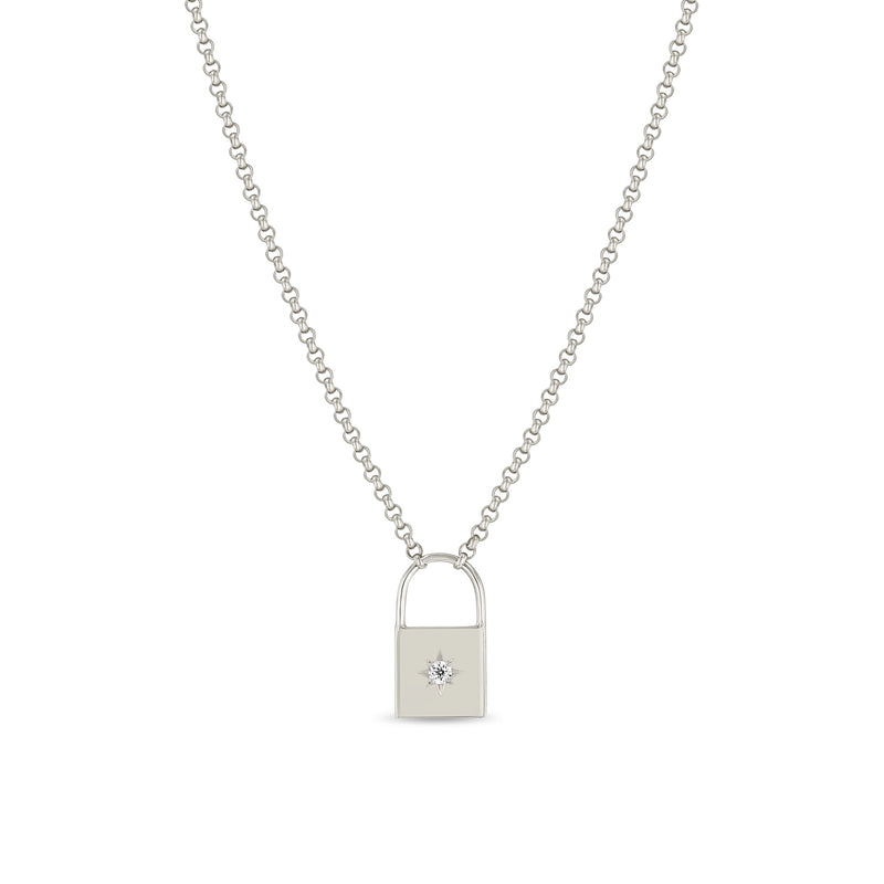 Zoe Chicco 14k White Gold Star Set Diamond Padlock Necklace