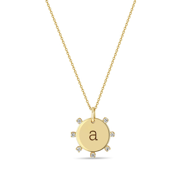 14k Medium Engraved Initial Disc with Prong Diamonds Necklace