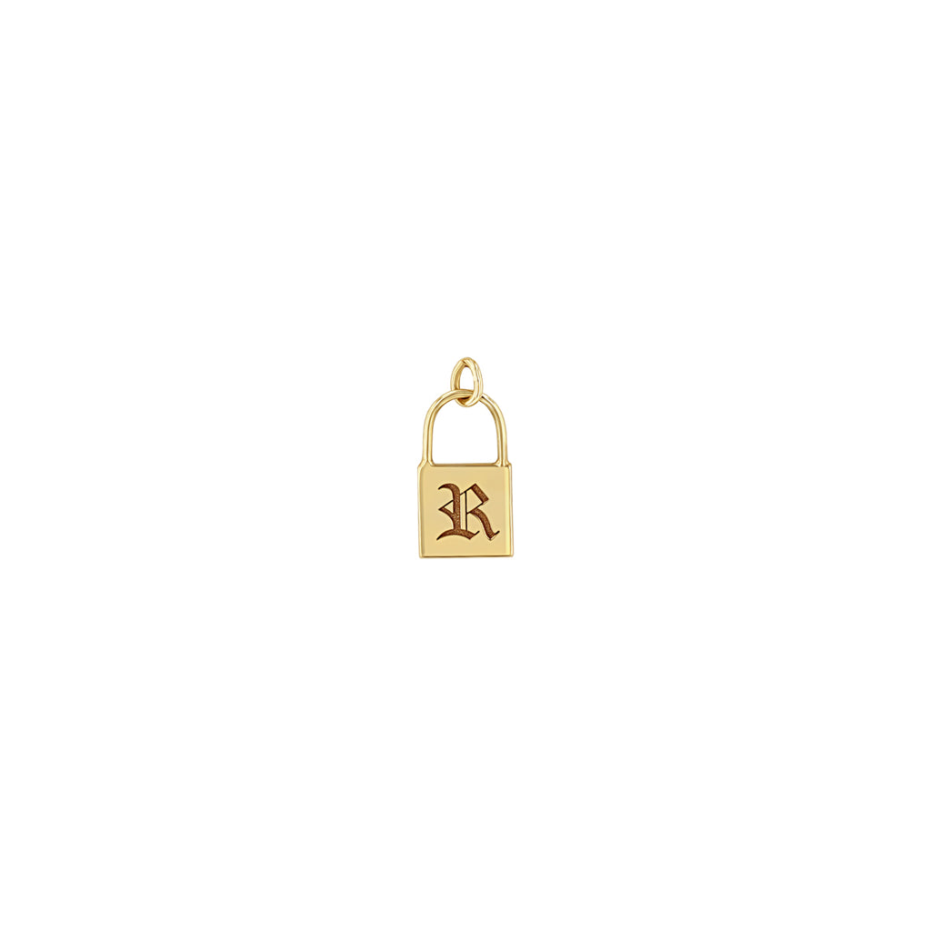 Zoe Chicco 14k gold lock-shaped pendant with an old english letter 'R' on a white background