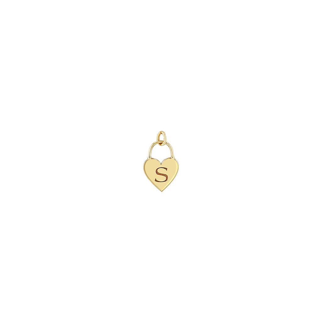 Zoe Chicco 14k gold heart-shaped charm pendant with a letter 'S' on a white background