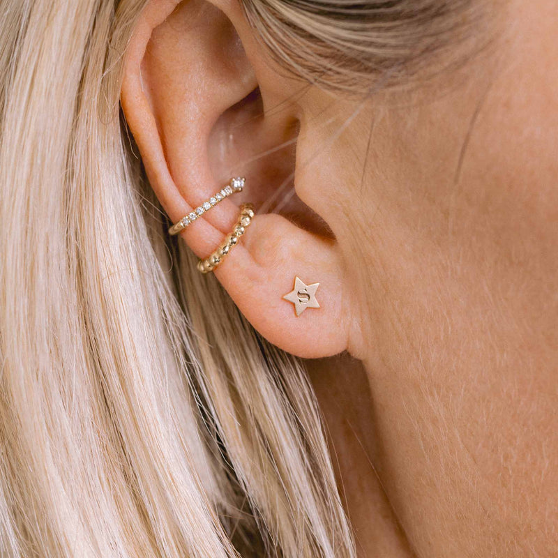 Zoe Chicco jewelry 14k Tiny Initial Star Stud and 14k Gold Beaded Ear Cuff  and 14k Prong Diamond Thick Pavé Diamond Ear Cuff