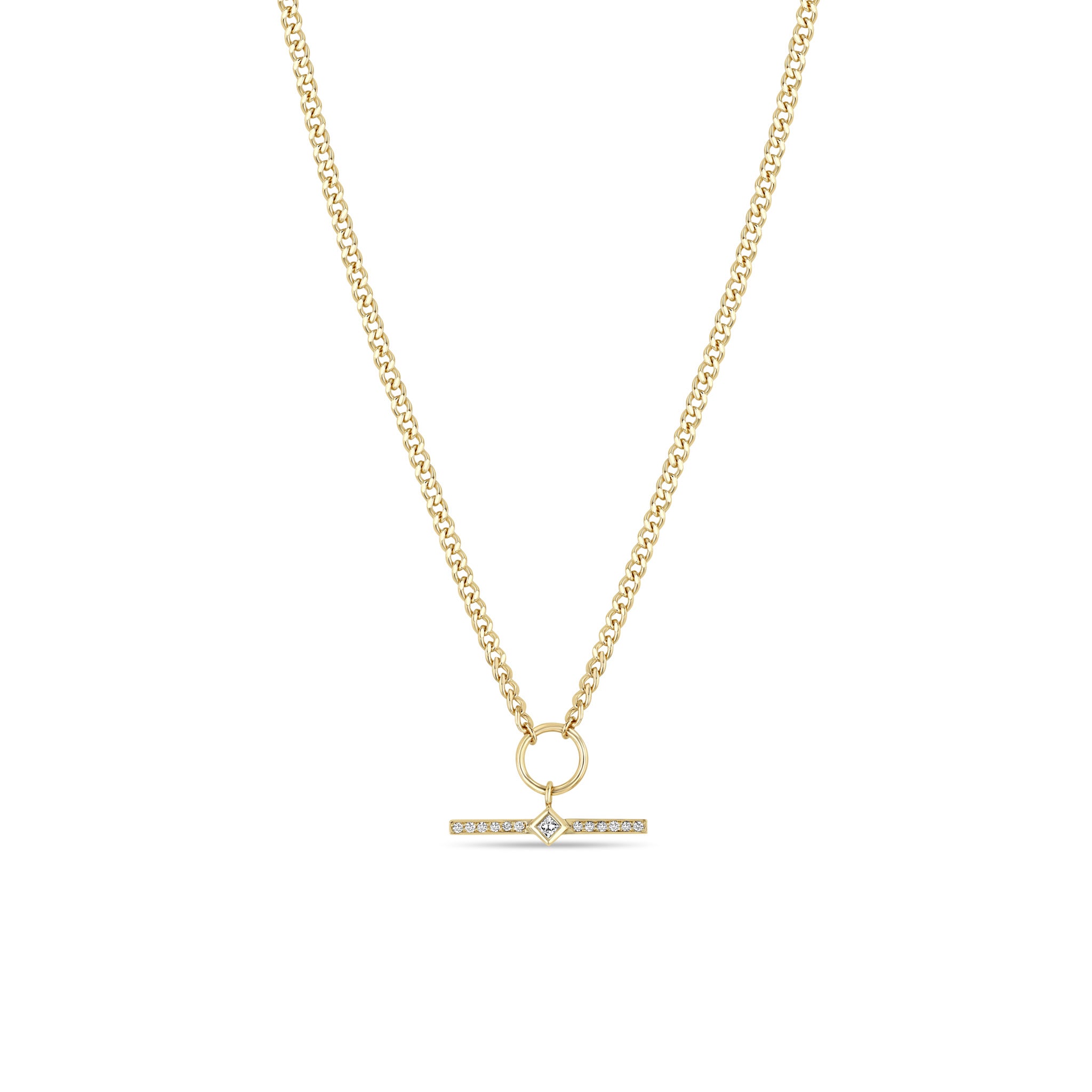 Zoë Chicco 14k Gold Princess Diamond & Diamond Bar with Circle Curb Chain Necklace