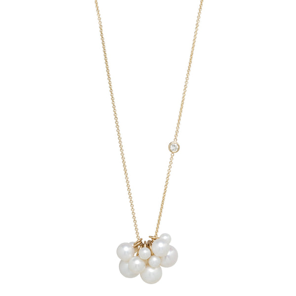 14k Mixed Pearl Cluster Long Necklace with Floating Diamond - SALE