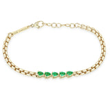 Zoe Chicco 14k gold chain bracelet with five pear-shaped emeralds linked together in the center on a white background