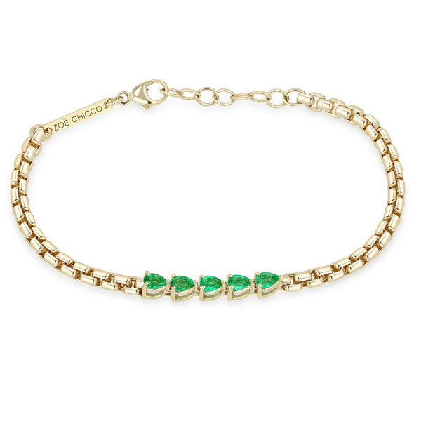 Zoe Chicco 14k gold chain bracelet with five pear-shaped emeralds linked together in the center on a white background