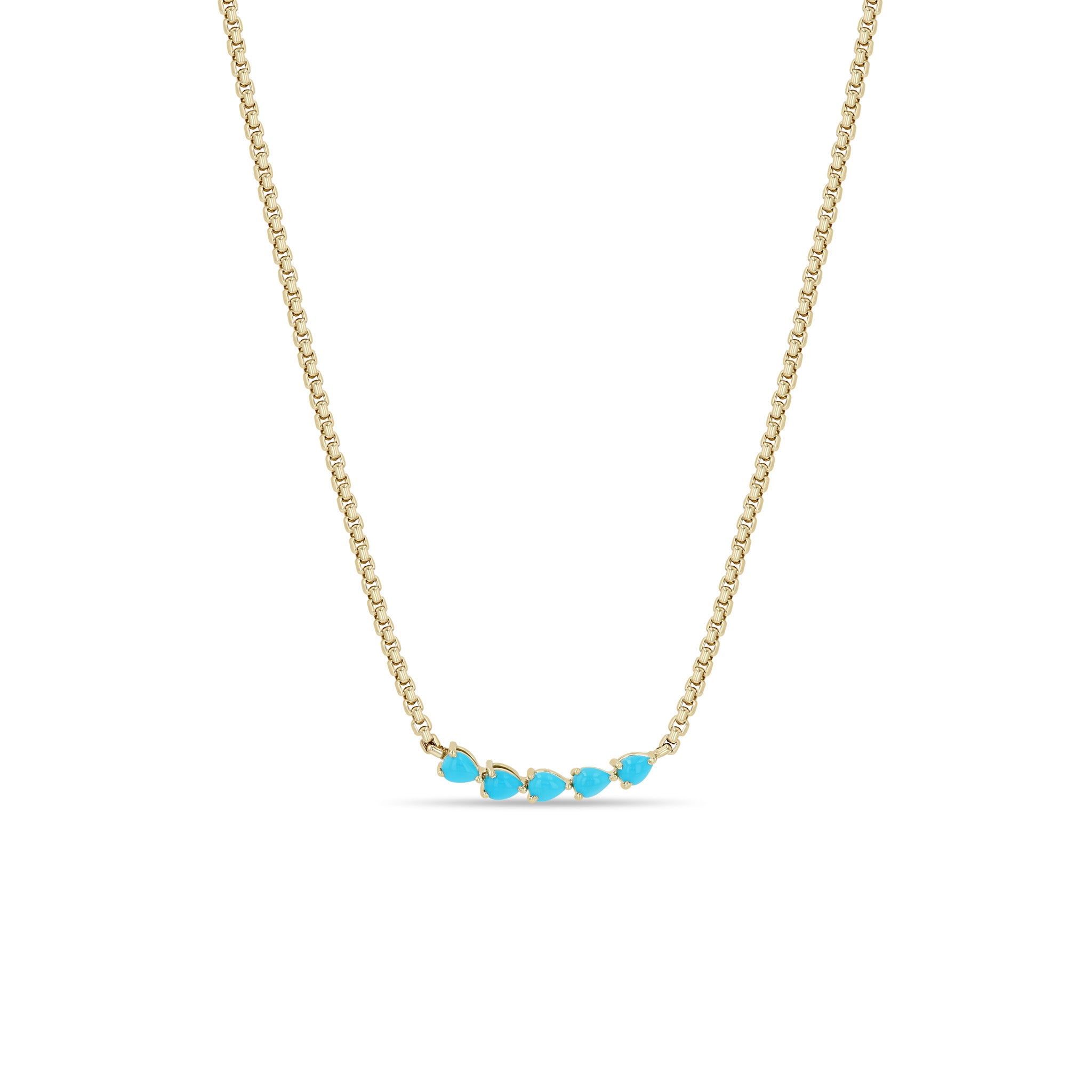 Zoe Chicco 14k box chain necklace with a tennis segment of pear shaped turquoise gemstones on a white background